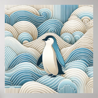Poster Crème Bleu Cool Bébé Pingouin hiver Vague de neige