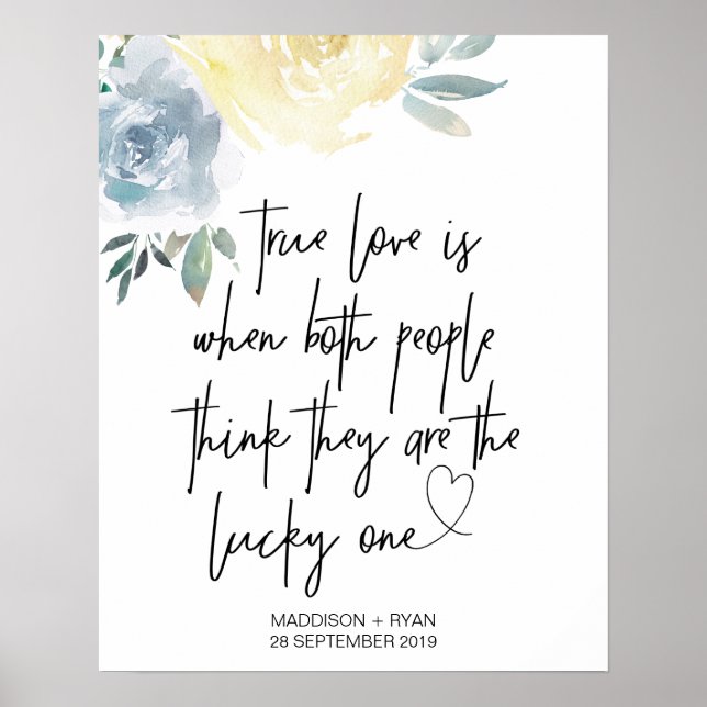 Poster Crème Bleue Floral Mariage Vrai Amour Bienvenue (Devant)