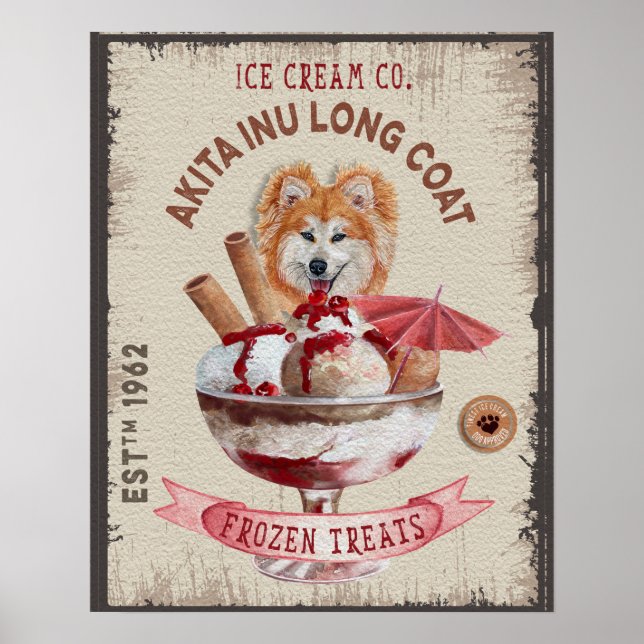 Poster Crème glacée chien drôle Akita Inu long manteau (Devant)