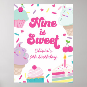 Poster Crème glacée et gâteau Neuf est doux 9e anniversai