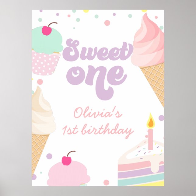 Poster Crème glacée et gâteau sucré Un 1er anniversaire (Devant)
