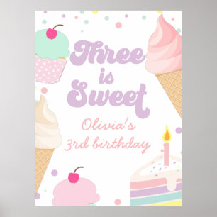 Poster Crème glacée et gâteau Trois est doux 3e anniversa