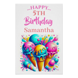 Poster Crème glacée fille, joli anniversaire