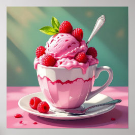 Poster Crème glacée framboise dans une coupe de café rose