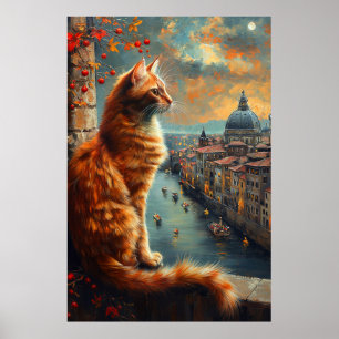 Poster Crépuscule à Venise Chat roux sur un canal