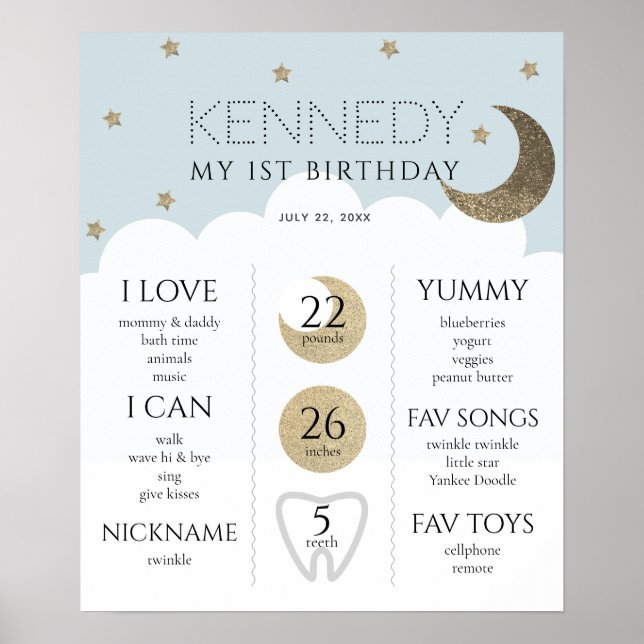 Poster Crescent Moon & Etoiles Bleu 1er anniversaire Jalo (Devant)