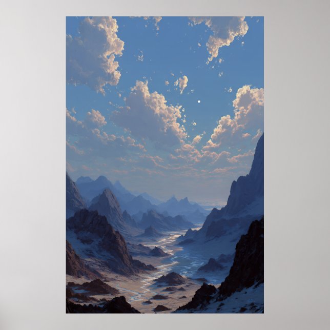 Poster Crescent Moon Over Misty Mountain Valley (Devant)