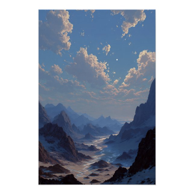 Poster Crescent Moon Over Misty Mountain Valley (Devant)