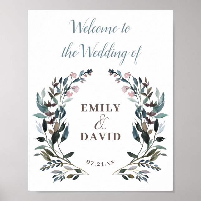 Poster Crest jardin | Mariage de bienvenue bleu blanc Dus (Devant)