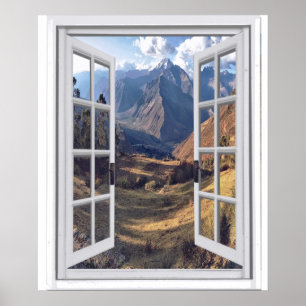 Poster Crêtes de montagne Trompe - l ' vue de fenêtre de