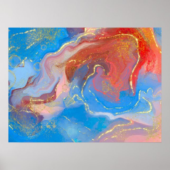 Poster Crimson, Blush, Blue and Gold Marbled Alcohol Ink (Devant)