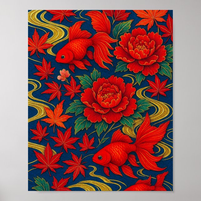 Poster Crimson Koi Danse en fleurs d'automne (Devant)