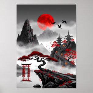 Poster Crimson Zen : paysage de lune rouge japonaise