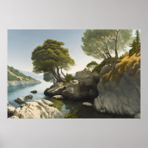 Crique rocheuse au bord d'un lac dans les collines