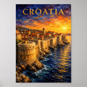 Poster Croatie : Dubrovnik Coucher de Soleil Doré Souveni