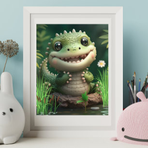 Poster Crocodile blanc mignon souriant près de Pond Art