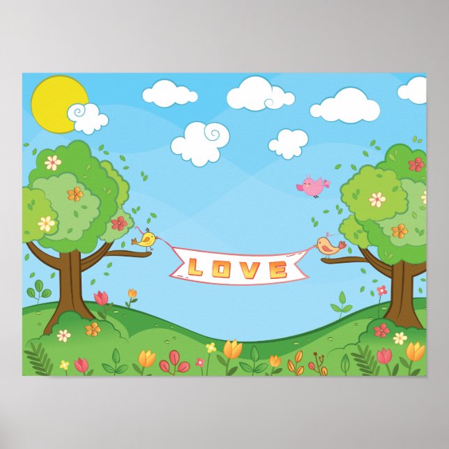 Poster Croire à l'amour gentille arbres Fleurs Oiseaux (Devant)
