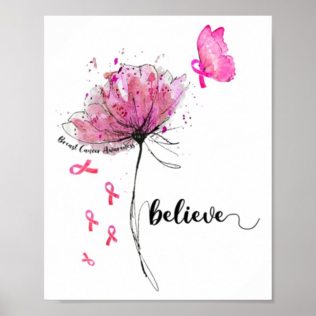 Poster Croire le papillon des fleurs rose Ribbon cancer d (Devant)