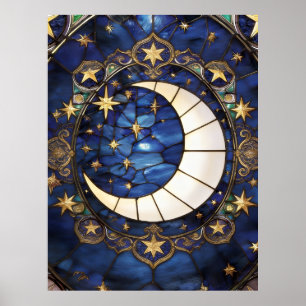 Poster Croissant Céleste Vitrail Orné de Lune