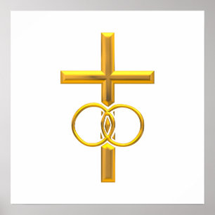 Poster Croix 3-D d'or avec anneaux Mariages
