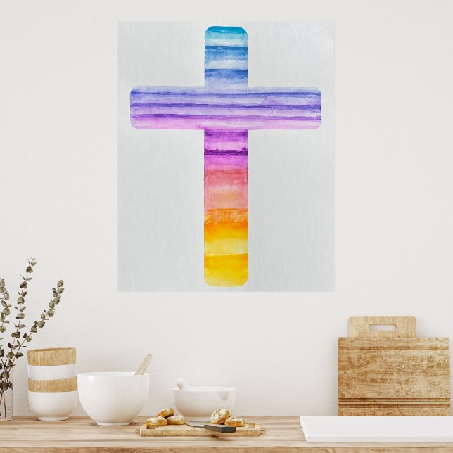 Poster Croix aquarelle / Art chrétien / Paisible (Cuisine)