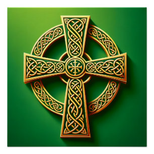 Poster Croix celtique d'or sur vert