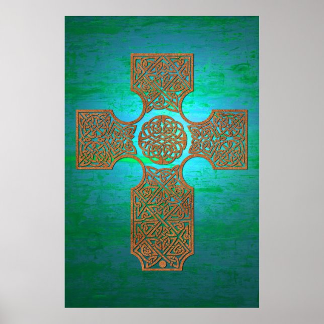 Poster Croix celtique : rouille sur Turquoise (Devant)