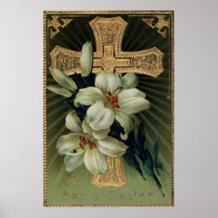 Poster Croix chrétienne en or Lys de Pâques