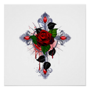 Poster Croix d'argent avec une rose rouge