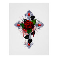 Croix d'argent avec une rose rouge