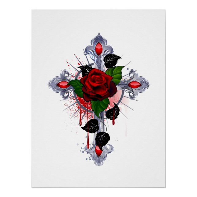 Poster Croix d'argent avec une rose rouge (Devant)