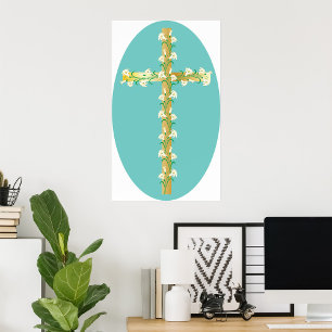 Poster Croix de Pâques élégante en or avec lis blancs