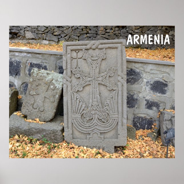 Poster Croix de pierre antique (khachkars) en Arménie (Devant)