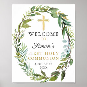 Poster Croix d'or Verdure Wreath Première Communion saint