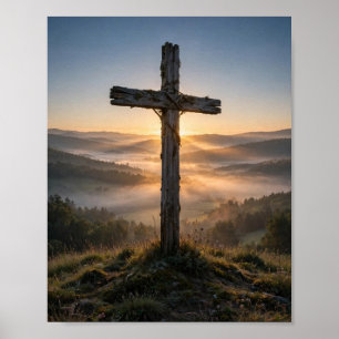 Poster Croix en bois à l'aube