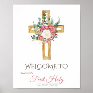 Poster Croix Florale en Or Première Communion Solennelle