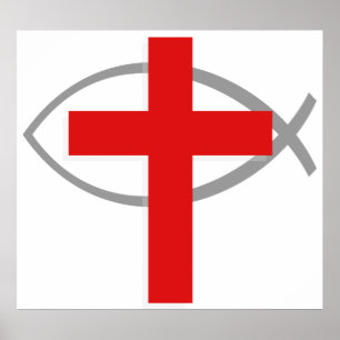 Poster Croix Rouge Chrétienne avec Jésus Poisson Ichthys