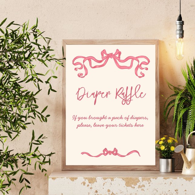 Poster Croquis arc-en-ciel rose baby shower signe de tomb (Pink ribbon vintage bow sketch baby shower diaper raffle table sign personalized decor)