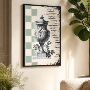 Poster Croquis Classique Urne Vert Sauge à Carreaux 