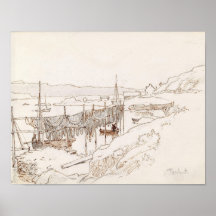 Croquis d'art abstrait d'un village de pêcheurs éc