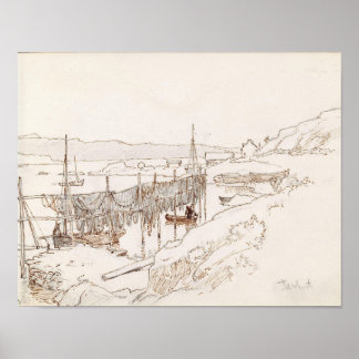 Poster Croquis d'art abstrait d'un village de pêcheurs éc