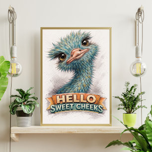 Poster Croquis d'autruche bleue mignonne – “Bonjour, joli