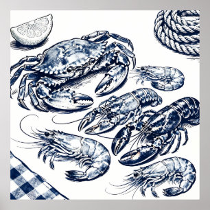 Poster Croquis de fruits de mer nautiques homard crabe
