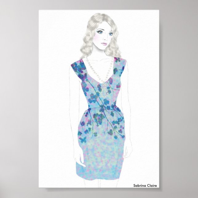 Poster Croquis de mode - Aquarelle Robe Florale (Devant)