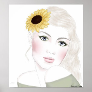 Poster Croquis de mode - Fleurs de soleil dans ses cheveu