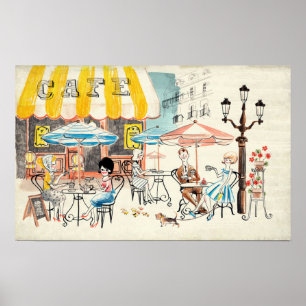 Poster Croquis mignon de scène de la France Café
