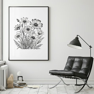 Poster Croquis minimaliste au crayon des fleurs d'été