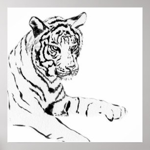 Poster Croquis noir et blanc sur tigre