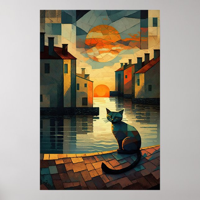 Poster Cubist Chat : Coucher de soleil sur les eaux vénit (Devant)