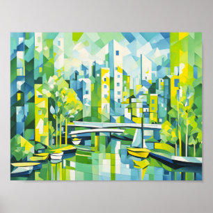 Poster Cubist Green City avec Pont